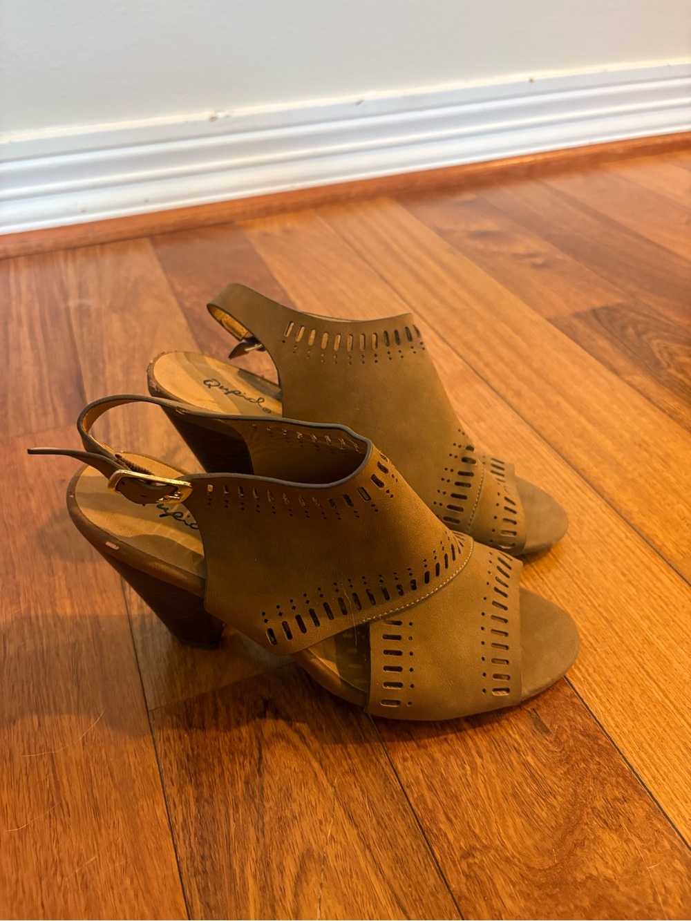 Qupid Perforated Open-Toe Slingback Heels in Tan
